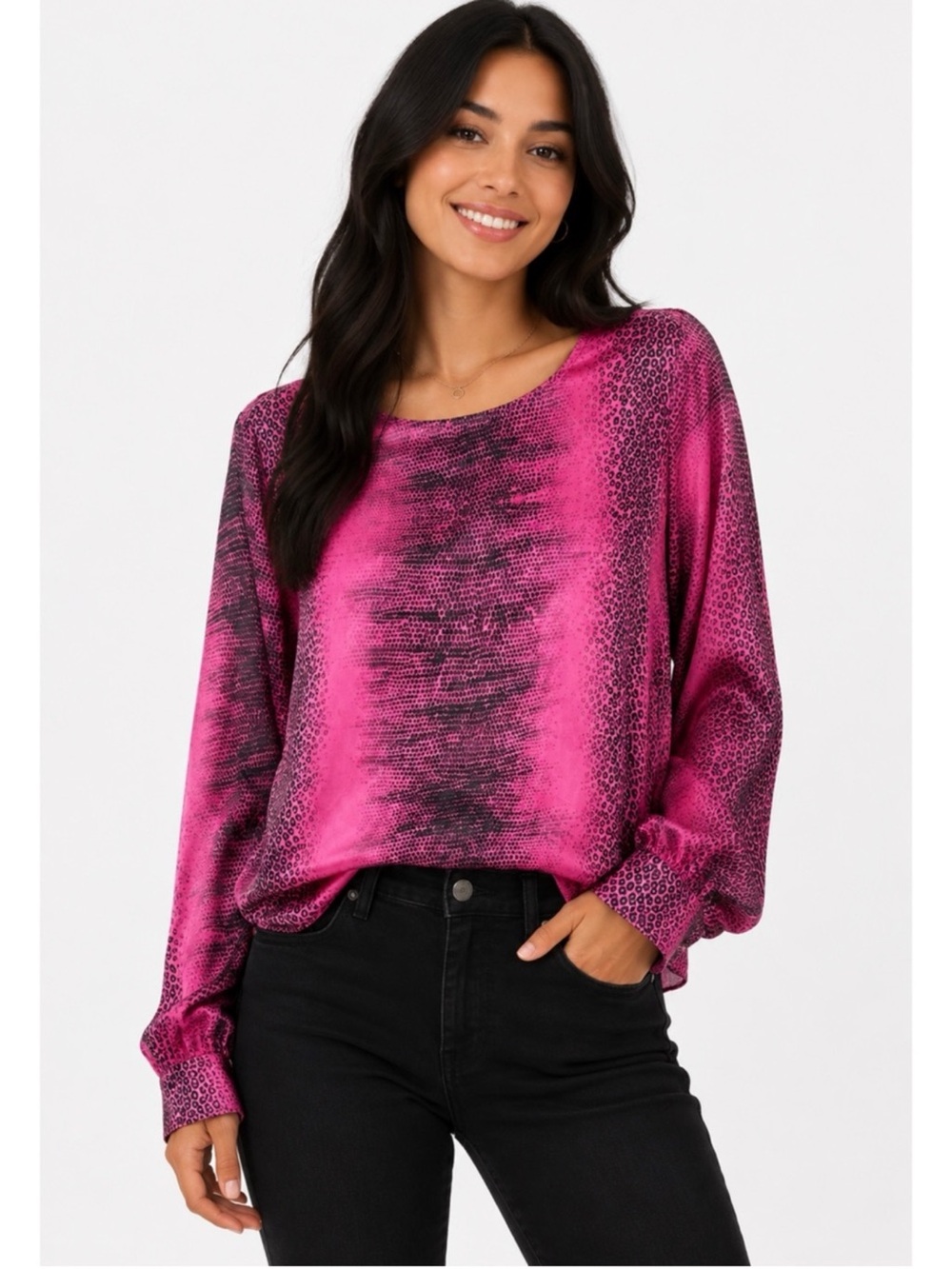 GENERATION LOVE | Pink and Black Animal-Print Long Sleeve Top Blouse Sz. Medium